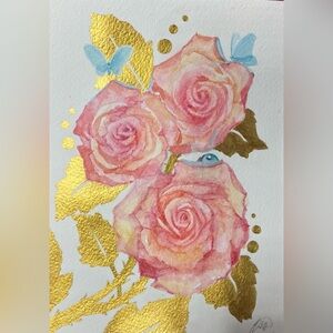 Roses valentine original painting floral art gold accents butterfly ladybug USA